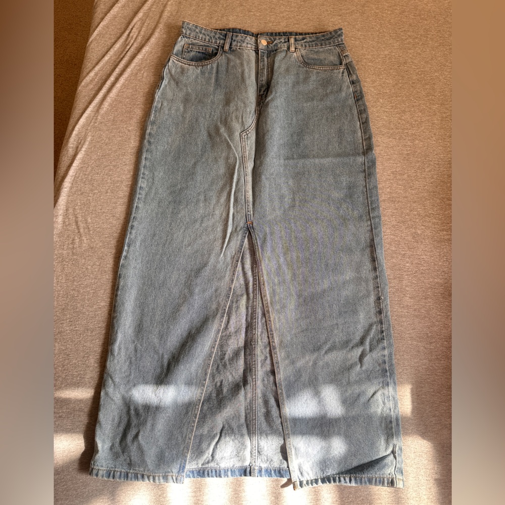 Casual Blue Denim Split Skirt